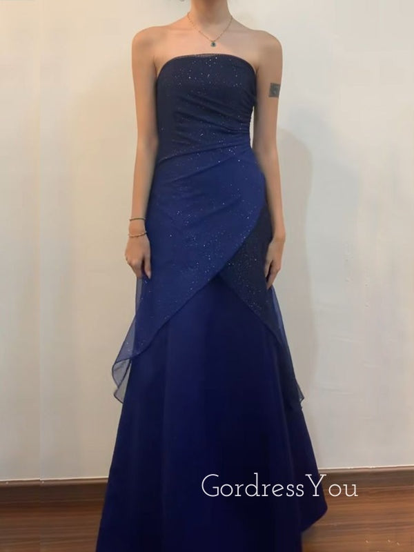 Strapless Navy Blue Mermaid Long Evening Prom Dresses, Custom Sparkly Prom Dress, GR0120