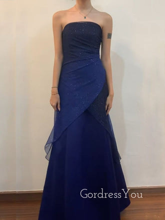 Strapless Navy Blue Mermaid Long Evening Prom Dresses, Custom Sparkly Prom Dress, GR0120