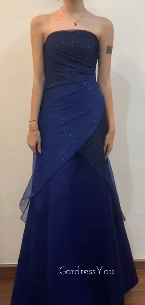 Strapless Navy Blue Mermaid Long Evening Prom Dresses, Custom Sparkly Prom Dress, GR0120