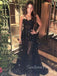 A-line Black Spaghetti Straps Long Evening Prom Dresses, Custom Side Slit Prom Dress, GR0123