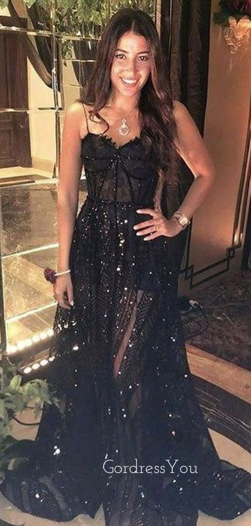 A-line Black Spaghetti Straps Long Evening Prom Dresses, Custom Side Slit Prom Dress, GR0123