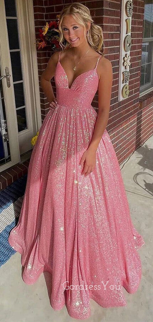 Gorgeous Pink Sequins Spaghetti Straps Long Evening Prom Dresses, Custom A-line Prom Dress, GR0124