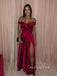 Dark Red Satin Off Shoulder Long Evening Prom Dresses, Custom Side Slit Prom Dress, GR0126