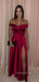 Dark Red Satin Off Shoulder Long Evening Prom Dresses, Custom Side Slit Prom Dress, GR0126