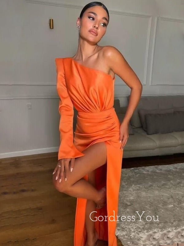 Long Sleeves Orange Satin Mermaid Long Evening Prom Dresses, Custom High Slit Prom Dress, GR0128