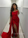 Red Satin Mermaid Side Slit Long Evening Prom Dresses, Custom Strapless Prom Dress, GR0130