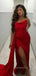 Red Satin Mermaid Side Slit Long Evening Prom Dresses, Custom Strapless Prom Dress, GR0130