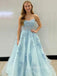 Spaghetti Straps Blue Tulle Appliques Long Evening Prom Dresses, Custom A-line Prom Dress, GR0131