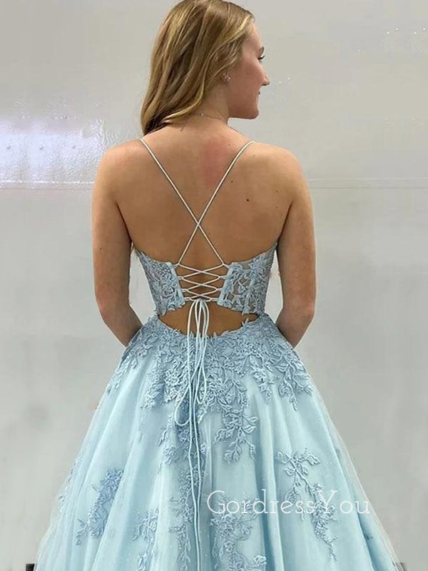 Spaghetti Straps Blue Tulle Appliques Long Evening Prom Dresses, Custom A-line Prom Dress, GR0131