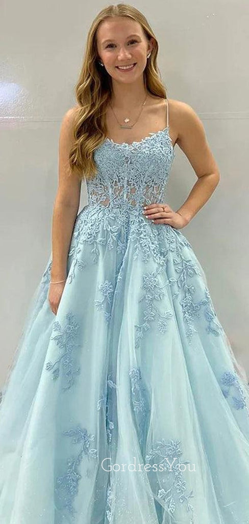 Spaghetti Straps Blue Tulle Appliques Long Evening Prom Dresses, Custom A-line Prom Dress, GR0131