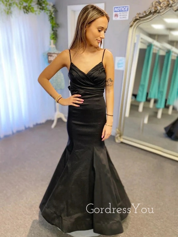 Spaghetti Straps Black Satin Mermaid Long Evening Prom Dresses, Custom V-neck Prom Dress, GR0132