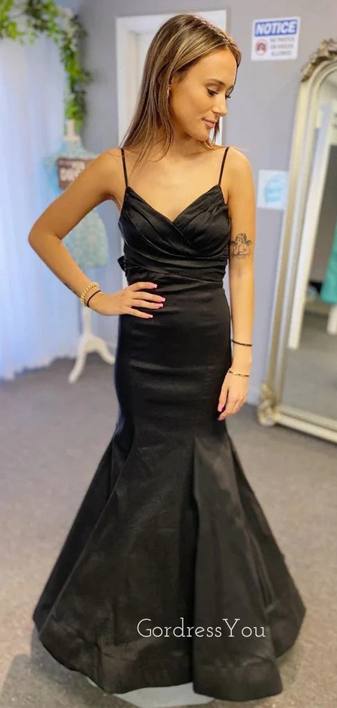 Spaghetti Straps Black Satin Mermaid Long Evening Prom Dresses, Custom V-neck Prom Dress, GR0132