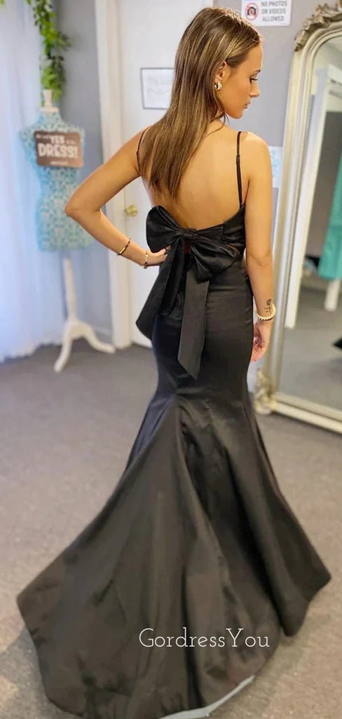 Spaghetti Straps Black Satin Mermaid Long Evening Prom Dresses, Custom V-neck Prom Dress, GR0132