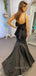 Spaghetti Straps Black Satin Mermaid Long Evening Prom Dresses, Custom V-neck Prom Dress, GR0132