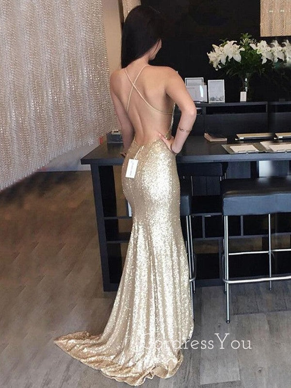 Gold Sequins Spaghetti Straps Mermaid Long Evening Prom Dresses, Cheap V-neck Prom Dress, GR0133