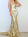 Gold Sequins Spaghetti Straps Mermaid Long Evening Prom Dresses, Cheap V-neck Prom Dress, GR0133