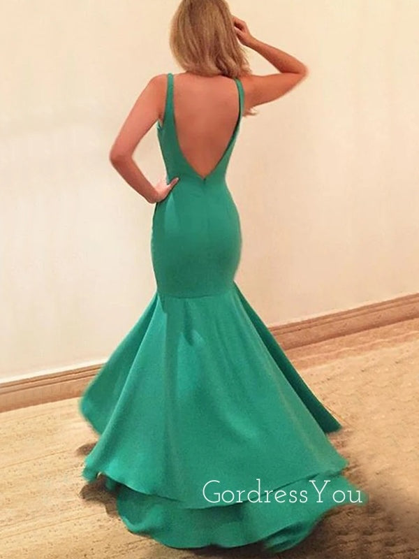 Mermaid Green Long Evening Prom Dresses, Cheap Custom V-neck Prom Dress, GR0134