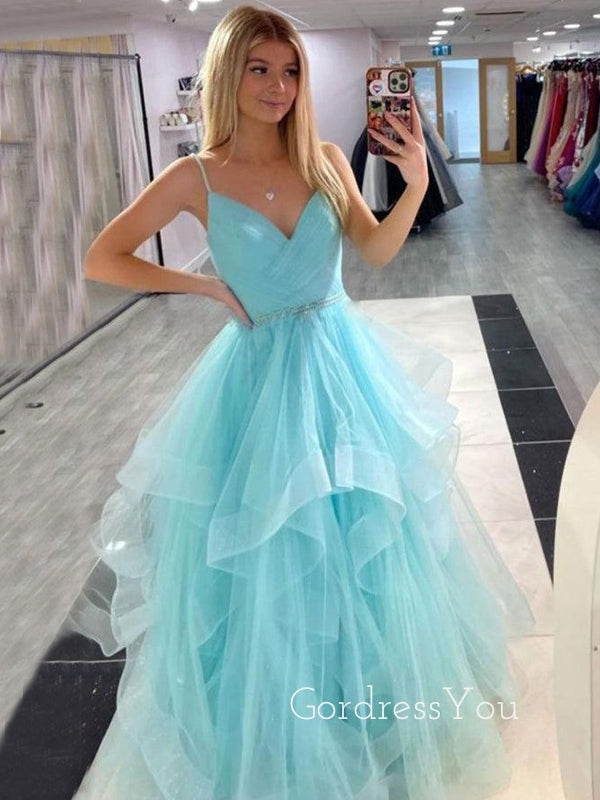 V-neck Tulle A-line Long Evening Prom Dresses, Custom Spaghetti Straps Prom Dress, GR0135