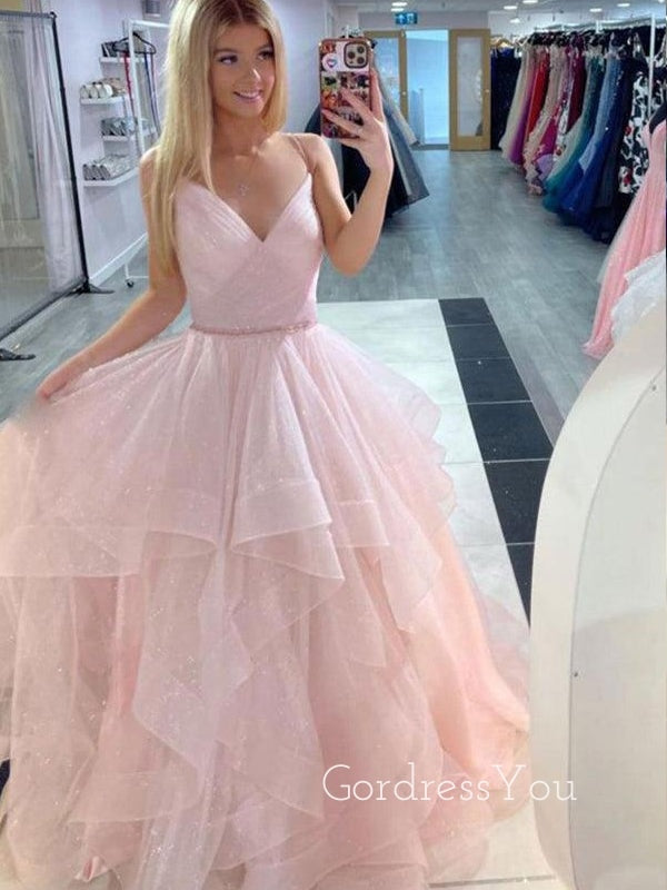 V-neck Tulle A-line Long Evening Prom Dresses, Custom Spaghetti Straps Prom Dress, GR0135