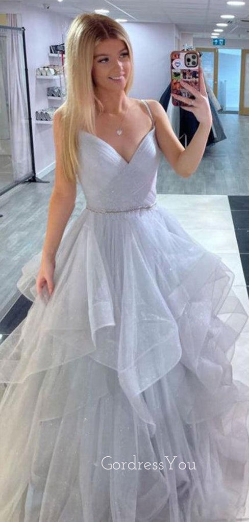 V-neck Tulle A-line Long Evening Prom Dresses, Custom Spaghetti Straps Prom Dress, GR0135