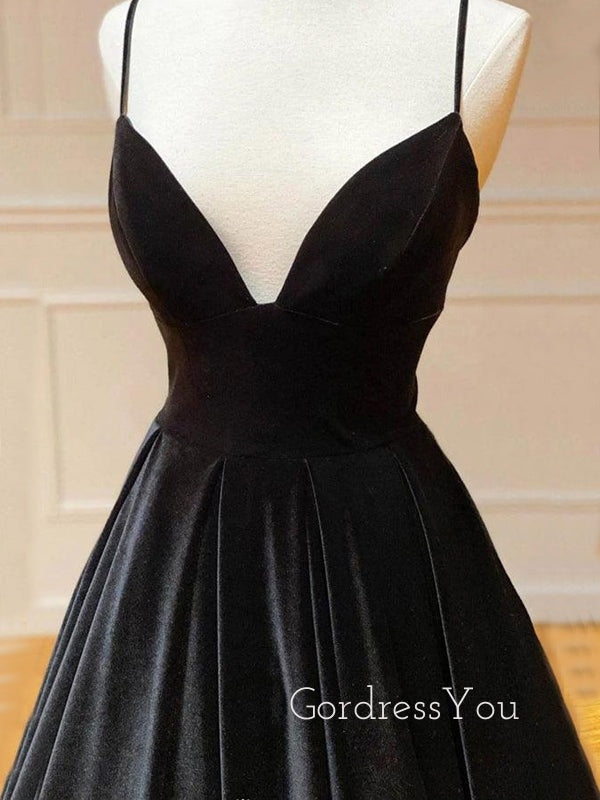 Black Velvet A-line Spaghetti Straps Long Evening Prom Dresses, Cheap Formal V-neck Prom Dress, GR0136