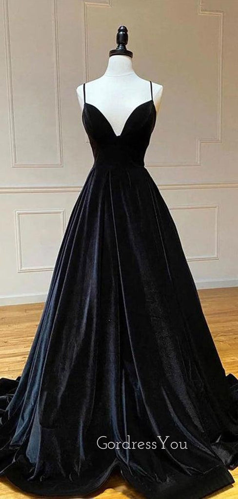 Black Velvet A-line Spaghetti Straps Long Evening Prom Dresses, Cheap Formal V-neck Prom Dress, GR0136