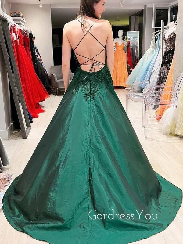 A-line Satin Appliques Long Evening Prom Dresses, Cheap Spaghetti Straps Prom Dress, GR0137