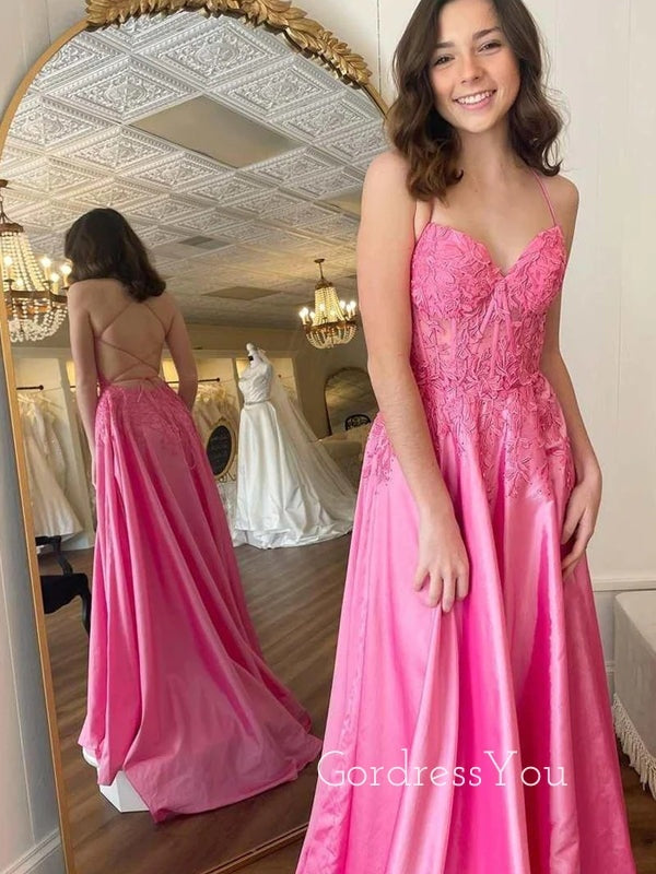 A-line Satin Appliques Long Evening Prom Dresses, Cheap Spaghetti Straps Prom Dress, GR0137