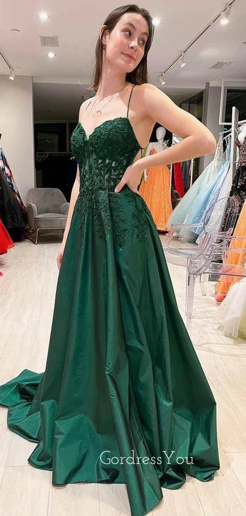 A-line Satin Appliques Long Evening Prom Dresses, Cheap Spaghetti Straps Prom Dress, GR0137