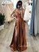 Cowl-neck Burnt Orange Satin Side Slit Long Evening Prom Dresses, Custom Prom Dress, GR0138