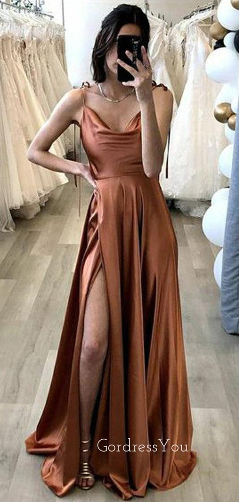 Cowl-neck Burnt Orange Satin Side Slit Long Evening Prom Dresses, Custom Prom Dress, GR0138