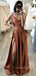 Cowl-neck Burnt Orange Satin Side Slit Long Evening Prom Dresses, Custom Prom Dress, GR0138