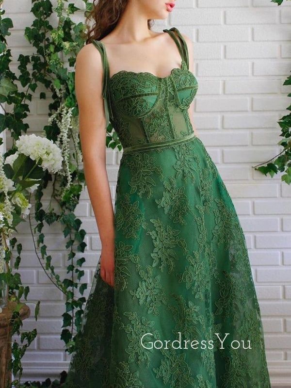 A-line Emerald Green Tulle Appliques Long Evening Prom Dresses, Custom Sweetheart Prom Dress, GR0140