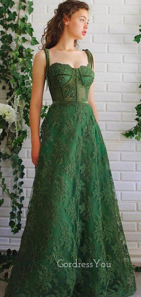 A-line Emerald Green Tulle Appliques Long Evening Prom Dresses, Custom Sweetheart Prom Dress, GR0140