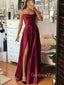 Burgundy Satin Spaghetti Straps Long Evening Prom Dresses, Custom A-line Prom Dress, GR0141