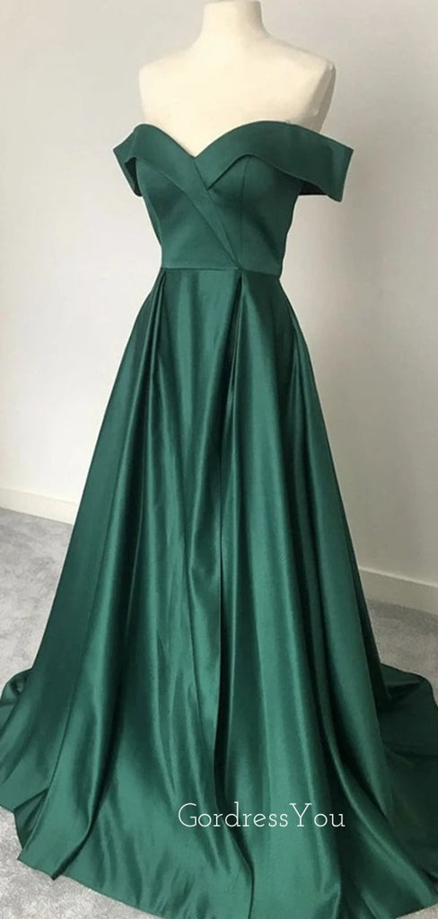 A-line Dark Green Satin Long Evening Prom Dresses, Cheap Off Shoulder Sweetheart Prom Dress, GR0144