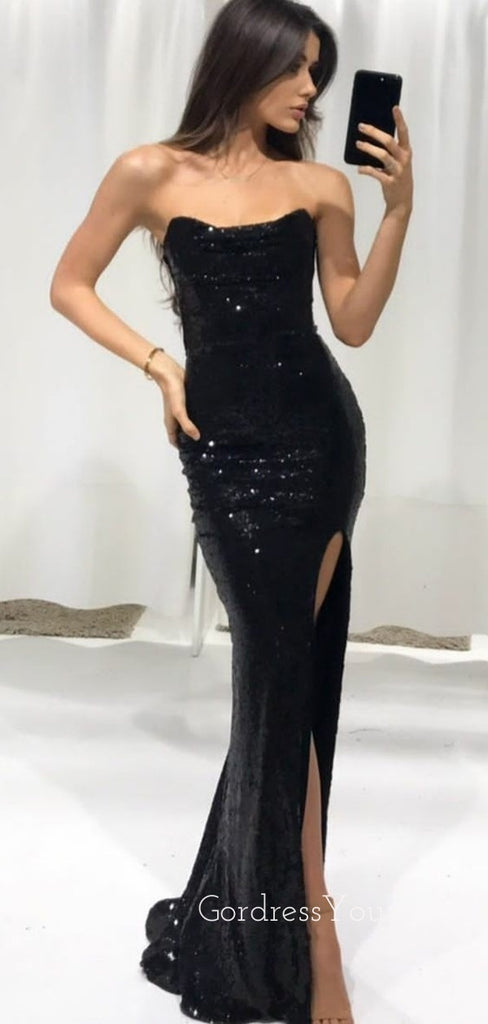 Strapless Black Sequins Mermaid Long Evening Prom Dresses, Cheap Side Slit Prom Dress, GR0145