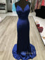 Simple Navy Blue Satin Mermaid Long Evening Prom Dresses, Custom Spaghetti Straps Prom Dress, GR0146