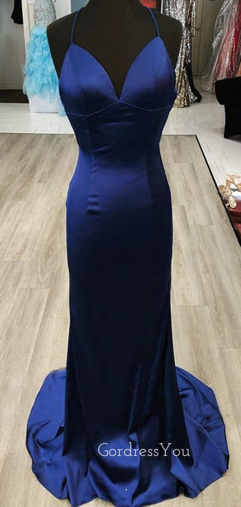 Simple Navy Blue Satin Mermaid Long Evening Prom Dresses, Custom Spaghetti Straps Prom Dress, GR0146