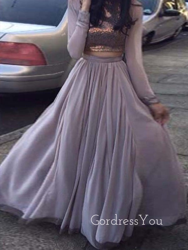 2 Pieces Dusty Purple Long Sleeves Long Evening Prom Dresses, Cheap A-line Prom Dress, GR0149