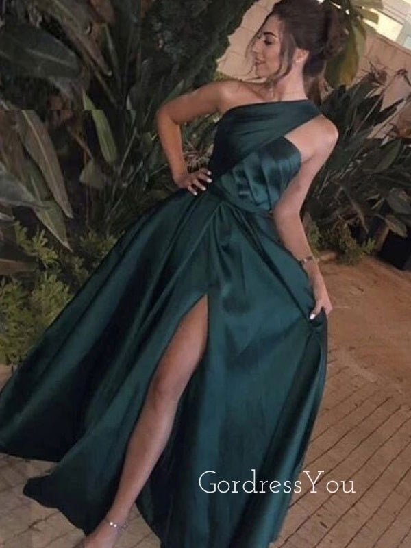 One Shoulder A-line Satin Long Evening Prom Dresses, Cheap Side Slit Prom Dress, GR0150