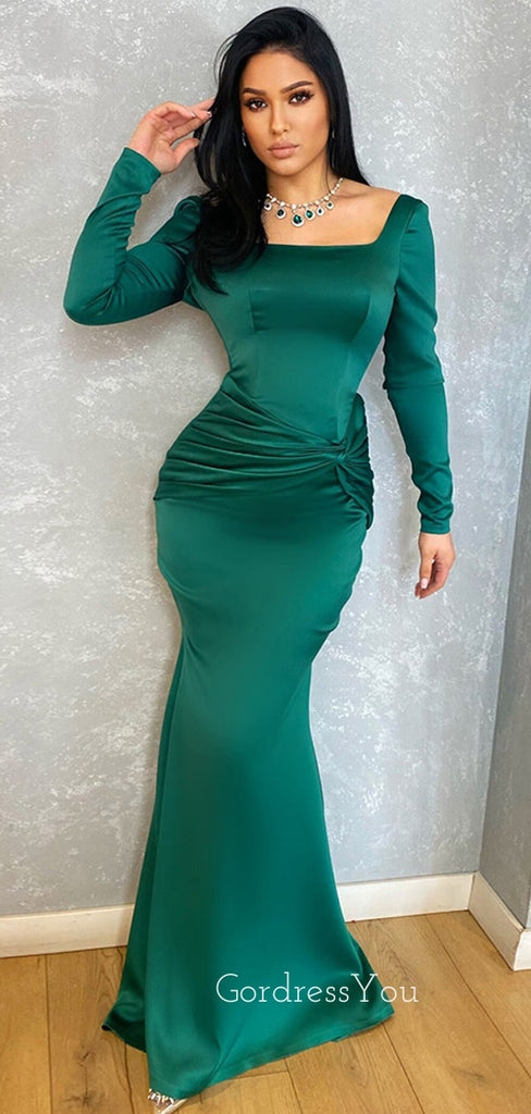 Emerald Green Satin Mermaid Long Evening Prom Dresses, Custom Lone Sleeves Prom Dress, GR0151