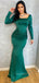 Emerald Green Satin Mermaid Long Evening Prom Dresses, Custom Lone Sleeves Prom Dress, GR0151