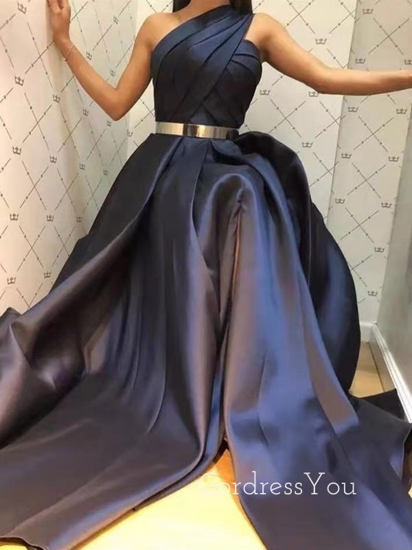 A-line Satin Side Slit Long Evening Prom Dresses, Cheap One Shoulder Prom Dress, GR0153