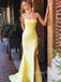 Mermaid Yellow Satin Side Slit Long Evening Prom Dresses, Cheap Strapless Prom Dress, GR0155