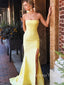 Mermaid Yellow Satin Side Slit Long Evening Prom Dresses, Cheap Strapless Prom Dress, GR0155