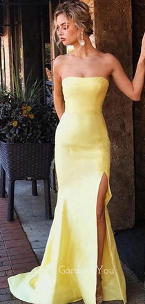 Mermaid Yellow Satin Side Slit Long Evening Prom Dresses, Cheap Strapless Prom Dress, GR0155