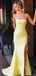 Mermaid Yellow Satin Side Slit Long Evening Prom Dresses, Cheap Strapless Prom Dress, GR0155