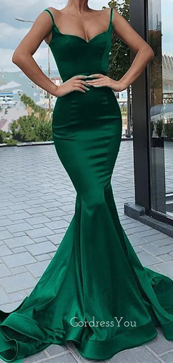 Pretty Emerald Green Satin Spaghetti straps Long Evening Prom Dresses, GordressYou Pretty Emerald Green Satin Spaghetti straps Long Evening Prom Dresses, GordressYou