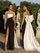 Elegant Black White Satin Strapless Long Evening Prom Dresses, Cheap High Slit Prom Dress, GR0157